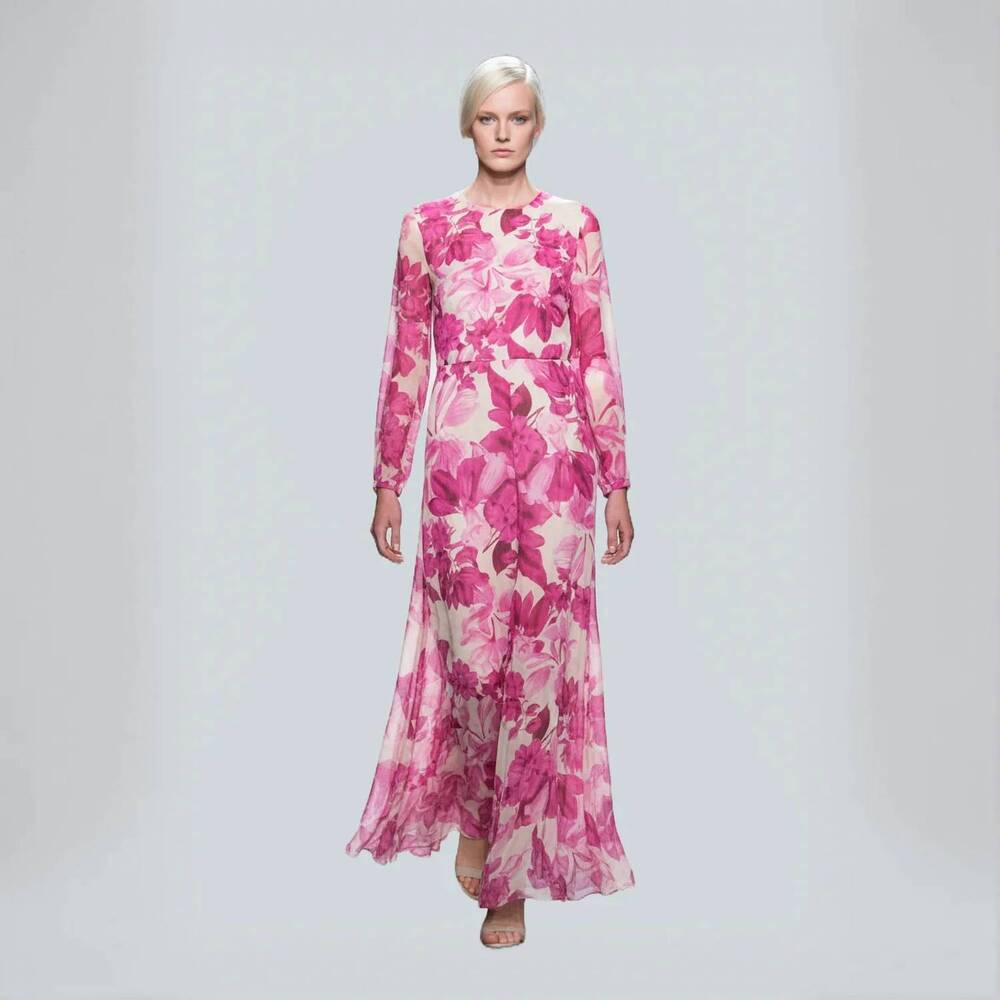 NEW MAISON ZOULIAS aphrodite long silk maxi dress in pink floral